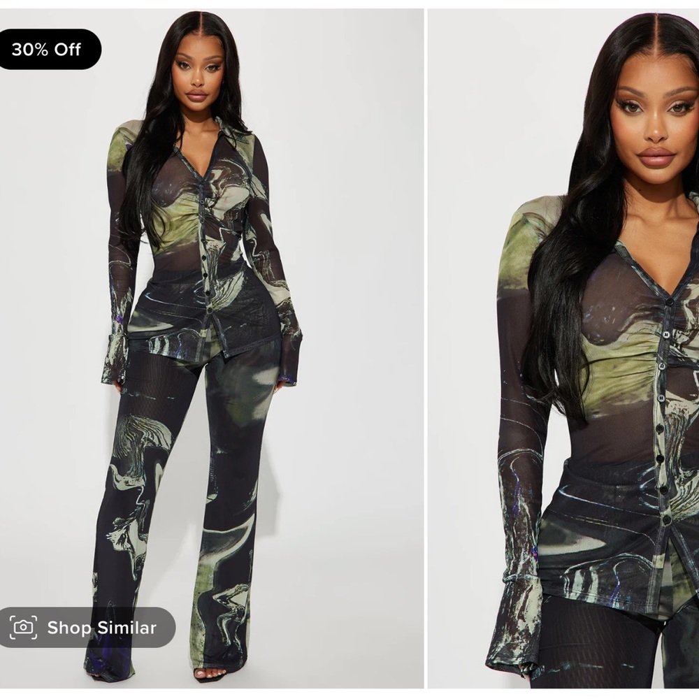 Fashion Nova Black & Olive Green Marble Print Sheer Pantsuit